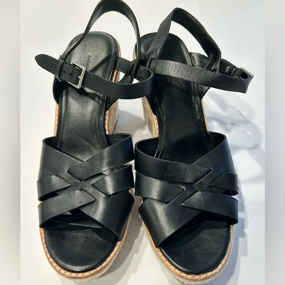 Black Leather Espadrille Wedge Sandals Adjustable Ankle Strap Sz‎ 9.5 Preowned